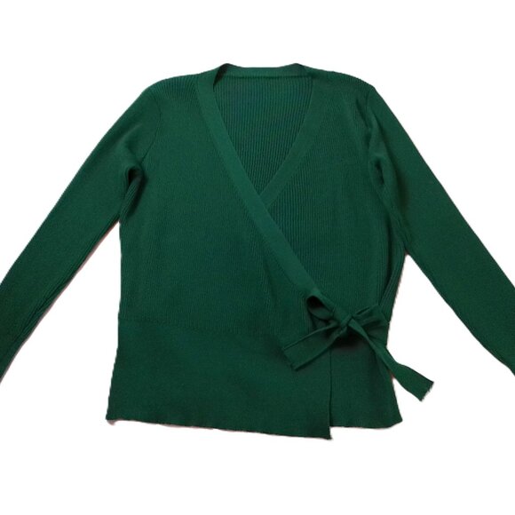 Pullover Sweater XL v-neck long sleeve green ribbed knit top slim fit - Picture 1 of 7